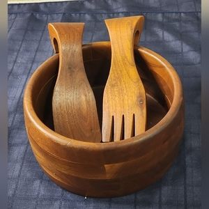 Ozark Walnutware Wooden Salad Serving Bowl With Fork And‎ Flat Serving Spoon